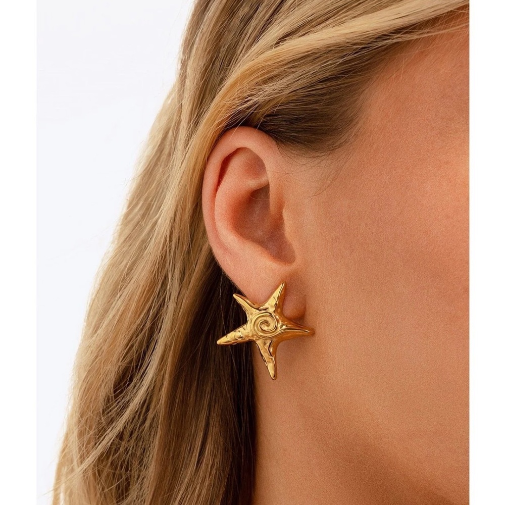 Gold Starfish Stud Earrings - Picture 3 of 4